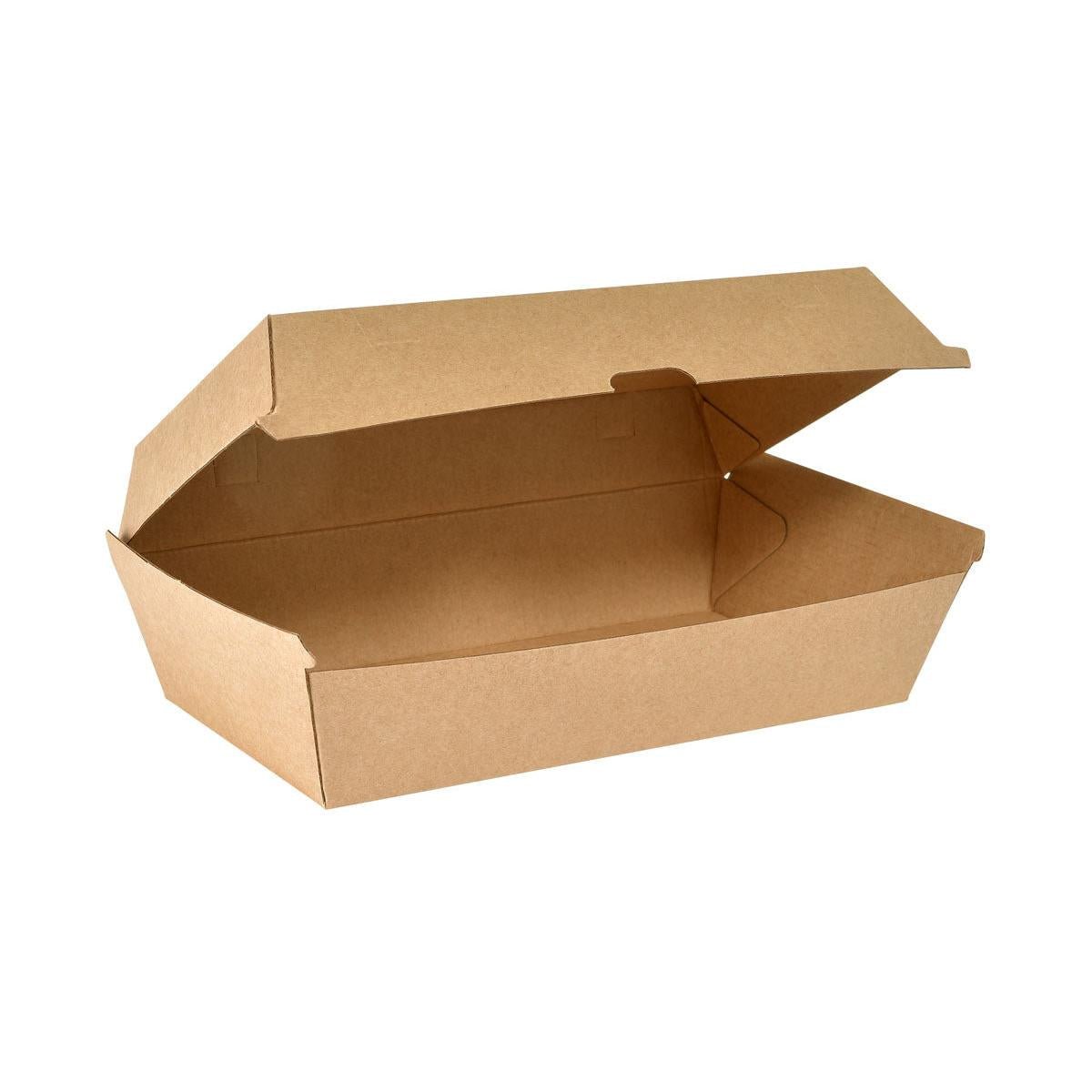 Το BioPak Clam Box Large Braun Karton FSC 205x107x79 από την Duni GmbH είναι ανοιχτό και άδειο σε λευκό φόντο. Διαθέτει καπάκι με μεντεσέ και αναδεικνύει τη φιλική προς το περιβάλλον συσκευασία της. Η συσκευασία περιέχει 45 τεμάχια.