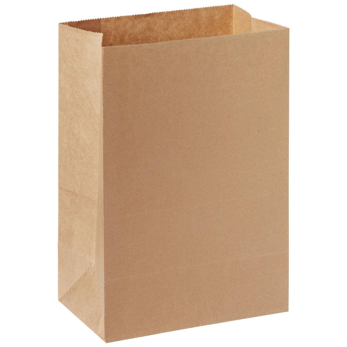 Η τσάντα Duni GmbH Take-Away χωρίς λαβές από FSC καφέ χαρτί (180x110x265 mm) στέκεται άδεια με ανοιχτό επάνω μέρος σε λευκό φόντο. Η φιλική προς το περιβάλλον συσκευασία δείχνει αιχμηρές άκρες και λείες πλευρές. Συσκευασία: 500 κομμάτια.