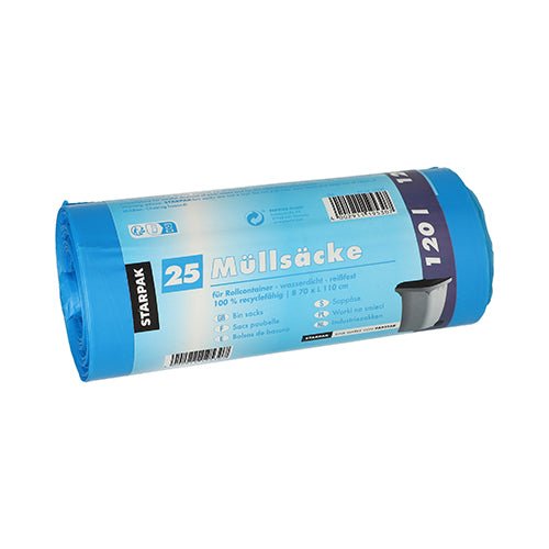 Starpak 25 σακούλες σκουπιδιών, HDPE 120 λίτρων (110 x 70 εκ.); κάθε ανθεκτική μπλε σακούλα περιλαμβάνει πληροφορίες ανακύκλωσης, διαστάσεις και ένα γραμμωτό κώδικα στη συσκευασία για εύκολη αναφορά.