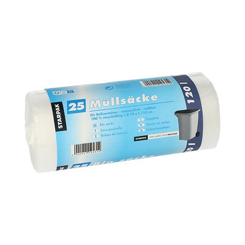 Ένας ρόλος με 25 σακούλες σκουπιδιών Starpak από HDPE με μπλε-λευκή ετικέτα, χωρητικότητας 120 λίτρων (110 x 70 εκ.), περιλαμβάνει λεπτομέρειες ανακύκλωσης στα γερμανικά.