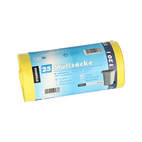 Ένας ρόλος Starpak με 25 σακούλες σκουπιδιών, HDPE 120 λίτρων (110 εκ. x 70 εκ.), περιλαμβάνει μια κίτρινη σακούλα, μια μπλε ετικέτα με την ένδειξη «25 σακούλες σκουπιδιών», λεπτομέρειες προϊόντος και μια μικρή εικόνα κάδου απορριμμάτων.