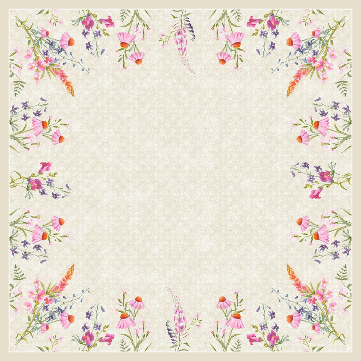 Ein quadratischer Rahmen mit farbenfrohen Aquarellblumen im Floret-Design und grünen Blättern hebt einen leeren, dezent strukturierten beigen Mittelpunkt hervor - ideal für die Dunicel Mitteldecke 84x84 cm Floret (Packung 20 Stück) der Duni GmbH als elegante Tischdekoration.