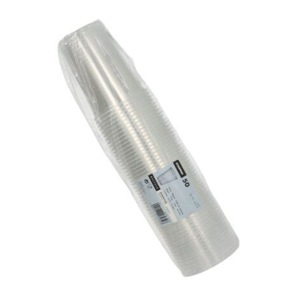 Ένα σετ διαφανών πλαστικών ποτηριών Starpak, τακτοποιημένα σε κυλινδρική μορφή και συσκευασμένα σε πλαστική συσκευασία. Η συσκευασία διαθέτει ετικέτα με λεπτομέρειες προϊόντος και γραμμωτό κώδικα. Πρόκειται για νέα πλαστικά ποτήρια Starpak (PP) με όγκο 0,4 λίτρων, διαστάσεις Ø 9,5 cm x 12,2 cm και συσκευασία με 50 τεμάχια με αφρώδες χείλος.