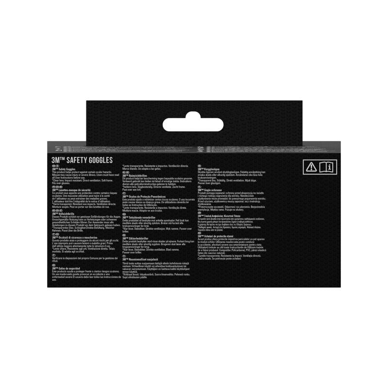Η πίσω πλευρά μιας συσκευασίας 3M™ Classic προστατευτικών γυαλιών 4700 από την 3M Deutschland GmbH δείχνει πληροφορίες και οδηγίες ασφαλείας για την προστασία των ματιών σε πολλές γλώσσες σε μαύρο, με ένα άνω άνοιγμα για κρέμασμα και λεπτομέρειες για το άμεσα αεριζόμενο σχέδιο διαφανούς φακού.
