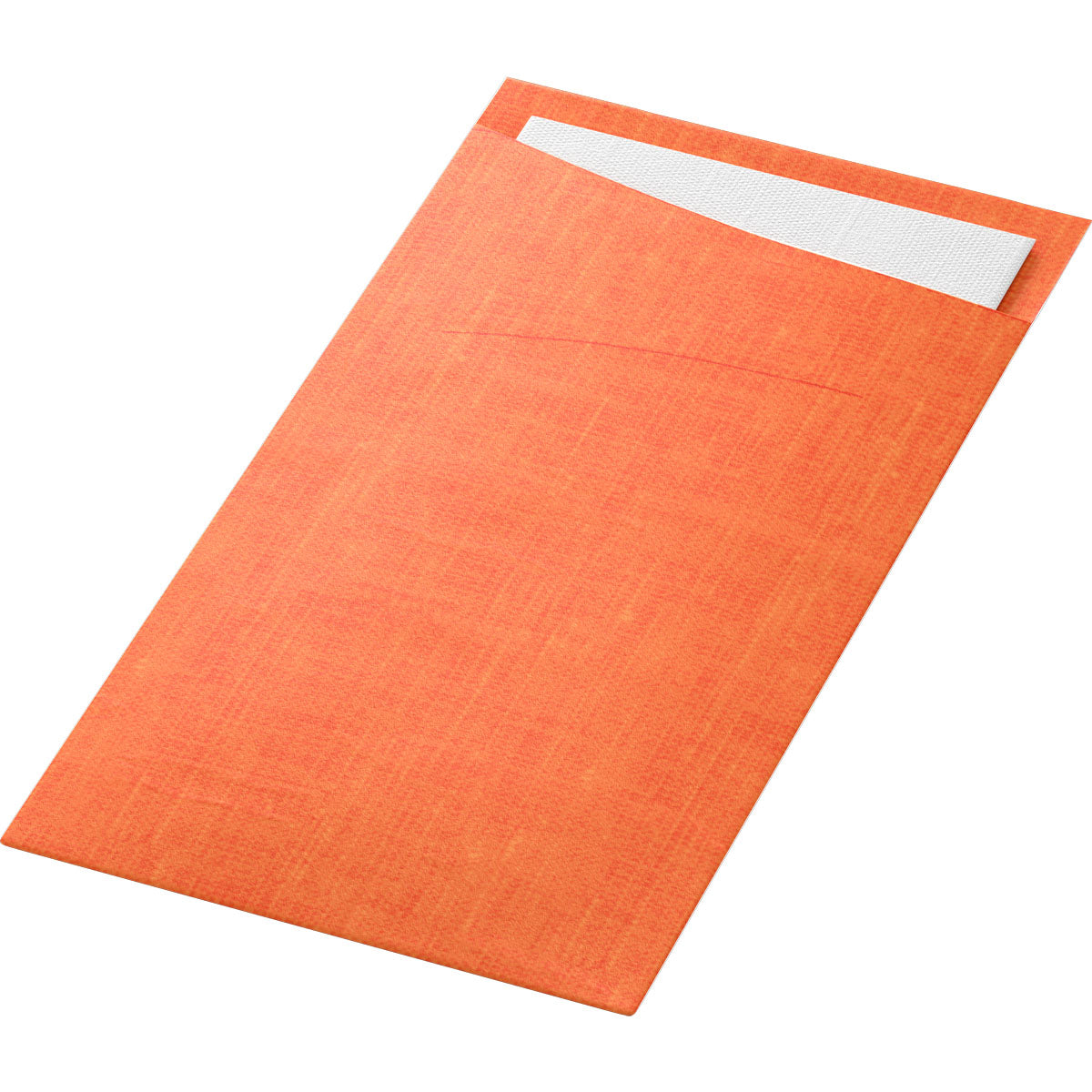 Ein rechteckiges orangefarbenes Sacchetto Dunisoft 230 x 115 mm von Duni GmbH, mit strukturiertem Muster und sichtbarer weißer Karte im Inneren - perfekt als stilvolle Geschenkverpackung oder praktischer Papierbeutel zum Verschenken.