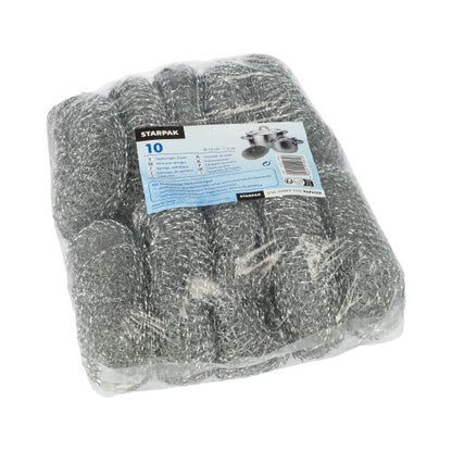 Μια συσκευασία από πλαστικό με 10 στρογγυλά Starpak Topfreiniger καθαριστικά από ασημένιο σύρμα με μια μπλε-λευκή ετικέτα με το όνομα της μάρκας "Starpak" και πληροφορίες προϊόντος.