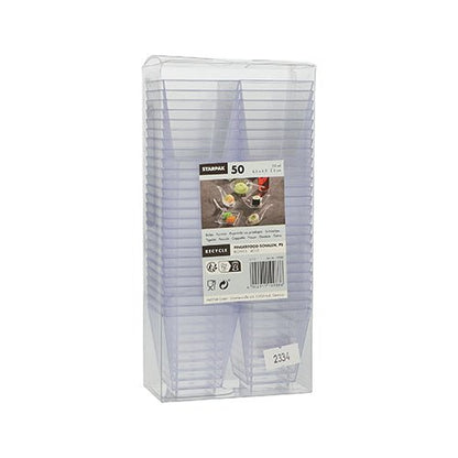 Μια συσκευασία με 50 διαφανή τριγωνικά Starpak Fingerfood-Schalen (PS glasklar) της Starpak σε διαφανή πλαστική συσκευασία, με ετικέτα που περιέχει πληροφορίες και εικόνα επιδορπίου – ιδανικά για εκδηλώσεις και στυλάτες παρουσιάσεις επιδορπίων.