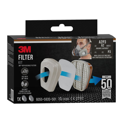 Die 3M™ Filtersatz 6003-1 Packung (A2P3, 2x6055, 2x5935, 2x501) von 3M Deutschland GmbH enthält Filter für organische Dämpfe und Partikel, ist mit 3M Masken kompatibel und gibt Produktinfos sowie Lebensdauer an.