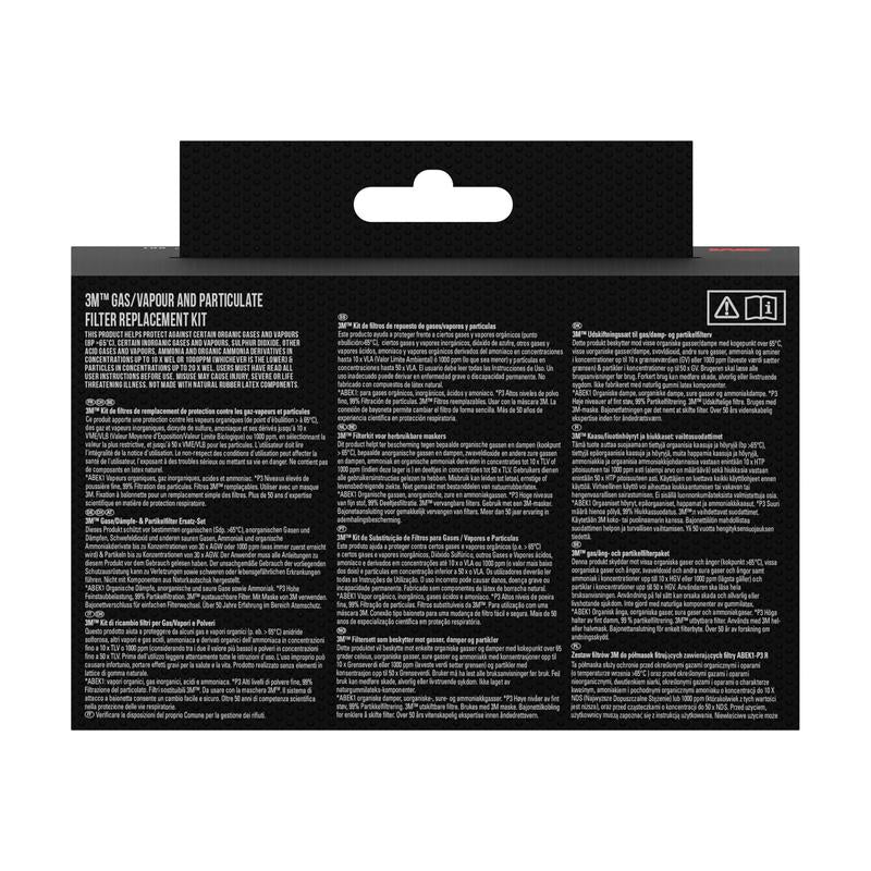 Η πίσω πλευρά της μάσκας αναπνοής 3M™ 6003KIT-1 από την 3M Deutschland GmbH δείχνει σε μαύρο φόντο λευκές πολυγλωσσικές πληροφορίες για την προστασία A2P3 οργανικών ατμών και ανταλλάξιμα φίλτρα για τη μάσκα σας.