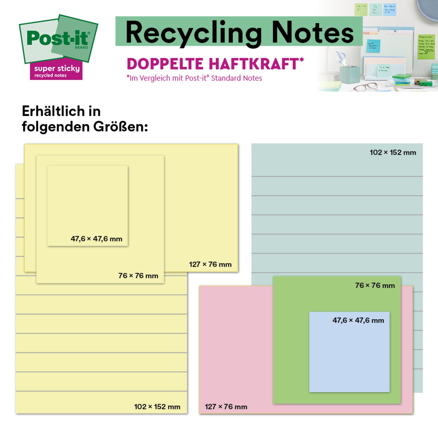Η εικόνα δείχνει Post-it® Super Sticky 100% Recycling Notes (47,6 x 47,6 mm, 70 φύλλα/μπλοκ, πιστοποιημένα από PEFC) από την 3M Deutschland GmbH σε παστέλ χρώματα, με μια μικρή φωτογραφία που τα δείχνει σε έναν τοίχο και σε ένα γραφείο.