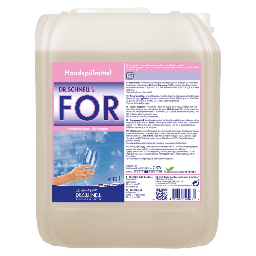 Ein 10-Liter-Kunststoffbehälter von Dr. Schnell FOR Handspülmittel der DR.SCHNELL GmbH & Co. KGaA zeigt ein rosa-blaues Etikett mit einer Hand, die ein sauberes Weinglas hält, und eine deutsche Produktinformation für das Geschirrspülen in der Gastronomie.
