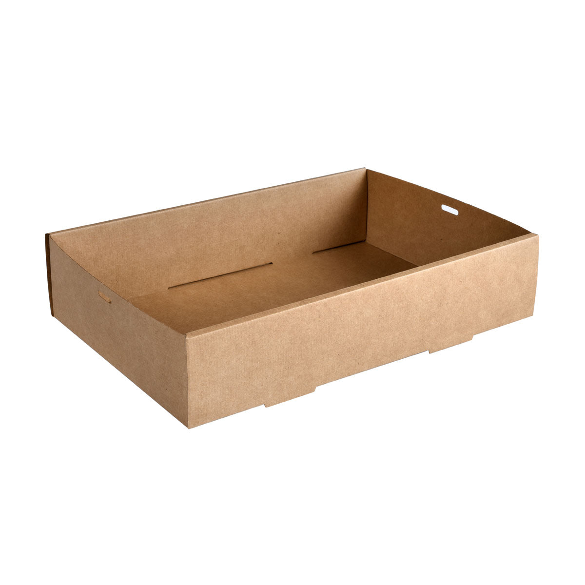 Das Catering-Tray Cardboard / PLA braun, Medium (359x252) von Duni GmbH ist ein flaches, braunes Papiertablett mit ausgeschnittenen Griffen - eine umweltfreundliche Einweglösung, ideal für die nachhaltige Gastronomie. Packung mit 100 Stück.