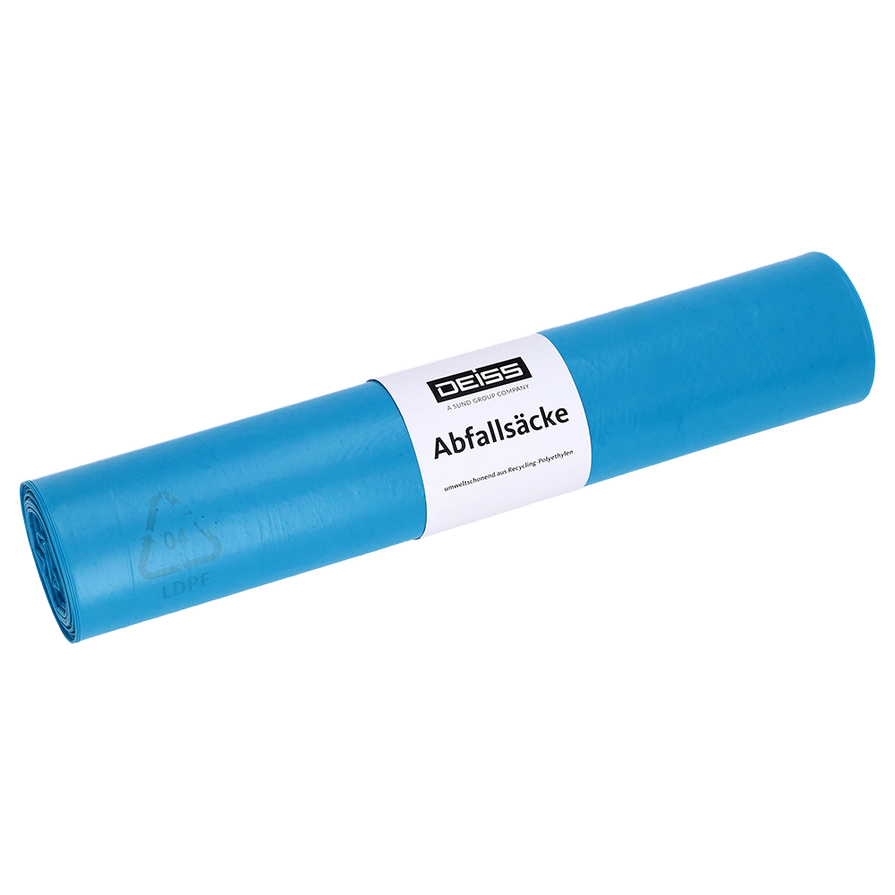 Ένας ρόλος σακούλες απορριμμάτων της EMIL DEISS KG (GmbH + Co.), DEISS 20103 - 500+400x1100 mm Τύπος 70 μπλε, ρολό με 25 κομμάτια και λευκή ετικέτα για πρακτική διάθεση απορριμμάτων, παρουσιάζεται σε λευκό φόντο.