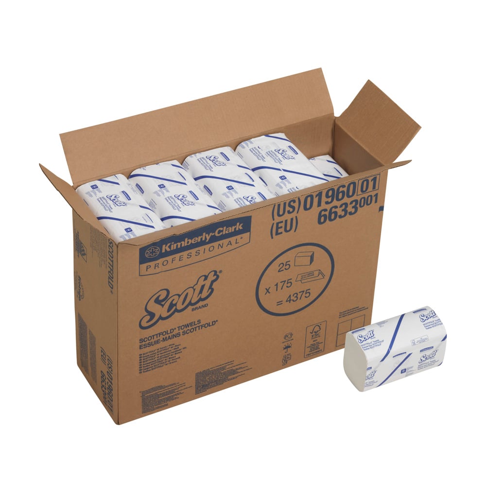 Eine geöffnete "Scott"-Box der Kimberly-Clark GmbH enthält 25 Packungen SCOTTFOLD* gefaltete Handtücher, jede Packung einzeln verpackt mit 175 weißen Mittel-Tüchern; eine Packung ist außerhalb der Box abgebildet.