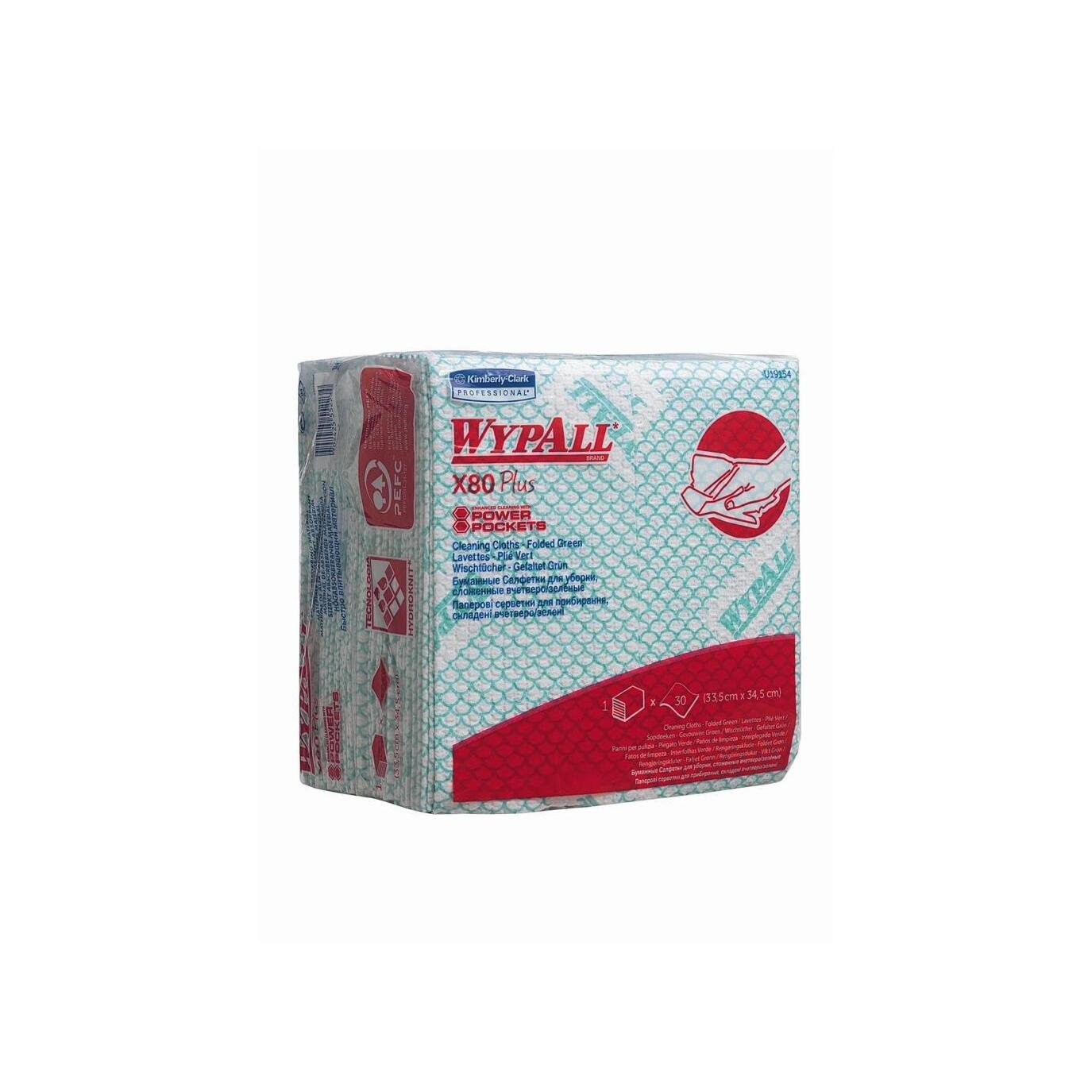 Μια συσκευασία από WypAll® X80 Plus Critical Clean διπλωμένη σε τέταρτα σε πράσινο της Kimberly-Clark GmbH απεικονίζεται όρθια. Αποτελείται από μια κυρίως λευκή συσκευασία με κόκκινα και μπλε γραφικά, συμπεριλαμβανομένης μιας εικόνας χεριών που καθαρίζουν μια επιφάνεια.