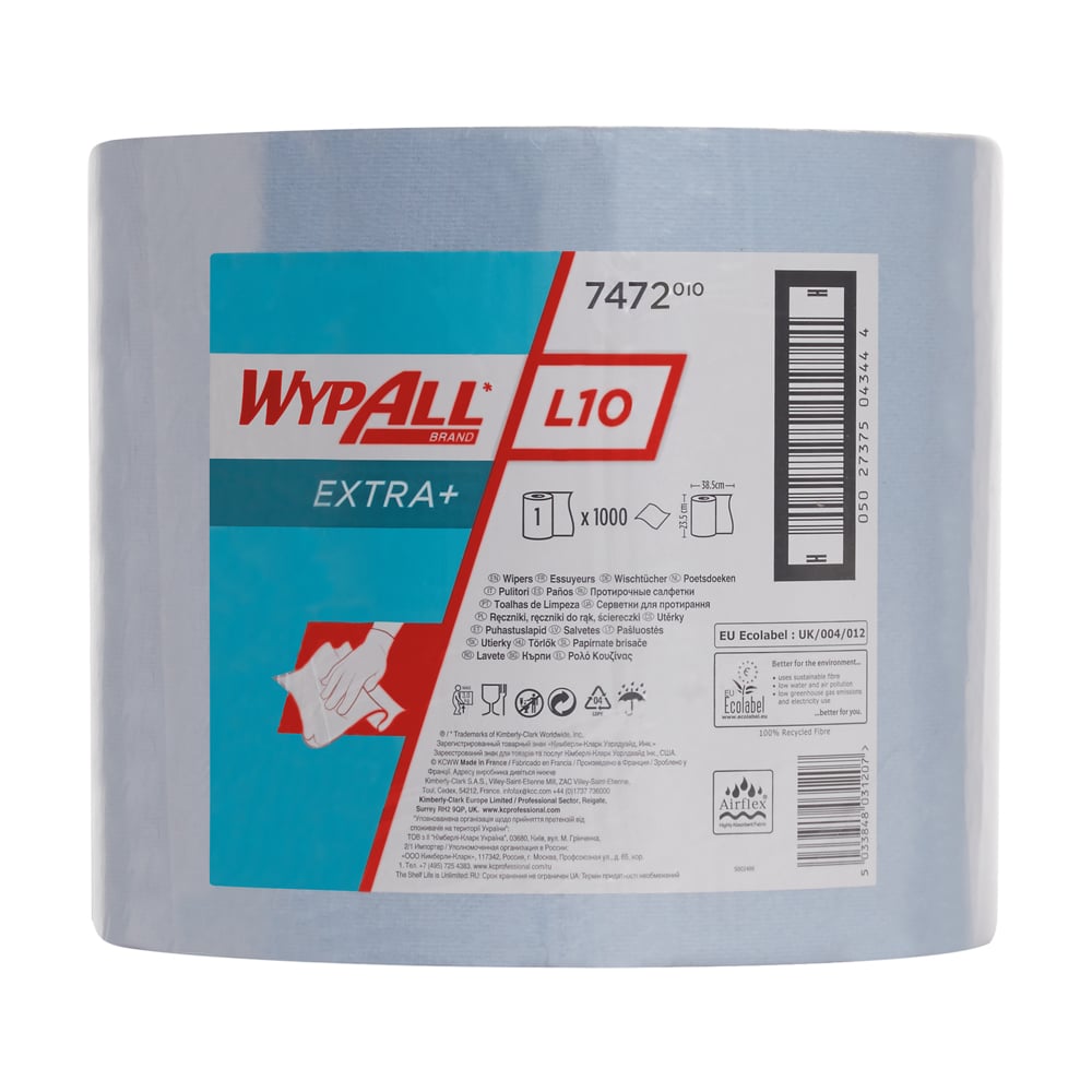 Ένα μεγάλο ρολό μαντηλάκια WypAll® L10 EXTRA+ (38,00 cm x 23,50 cm) από την Kimberly-Clark GmbH, με πολυγλωσσική ετικέτα με πληροφορίες προϊόντος, μάρκα και εικόνες για τον καθαρισμό επιφανειών.
