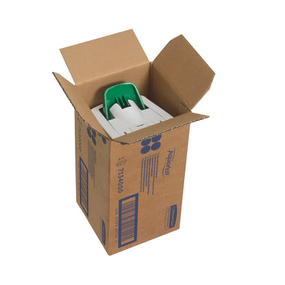 Eine geöffnete braune Schachtel mit blauer Aufschrift enthüllt einen weißen Kimberly-Clark GmbH Aquarius™ Hand Moisturiser Dispenser, 1 Ltr Kassette, mit einem teilweise sichtbaren grünen Spenderteil im Inneren.