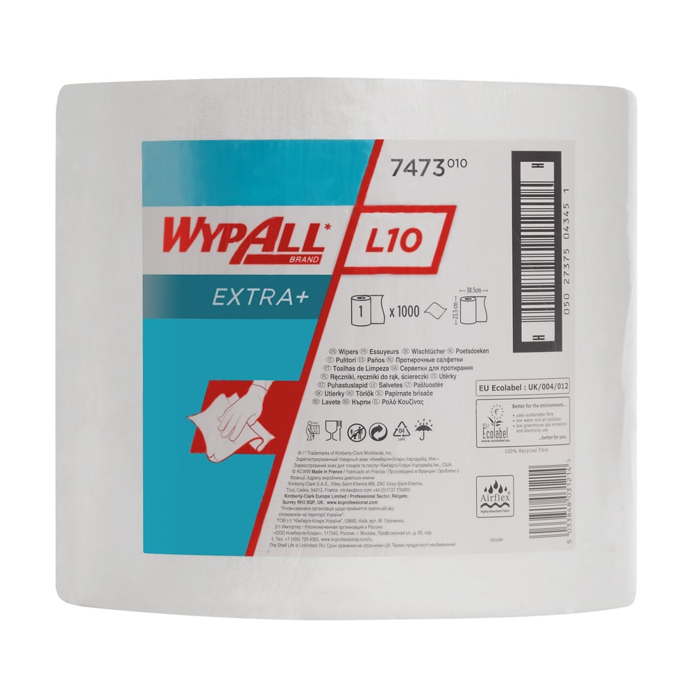 Ένα μεγάλο λευκό ρολό μαντηλάκια WypAll® L10 EXTRA+ (38,00 cm x 23,50 cm) από την Kimberly-Clark GmbH με μπλε-λευκή ετικέτα, διάγραμμα εφαρμογής για τον καθαρισμό επιφανειών και γραμμωτούς κωδικούς.