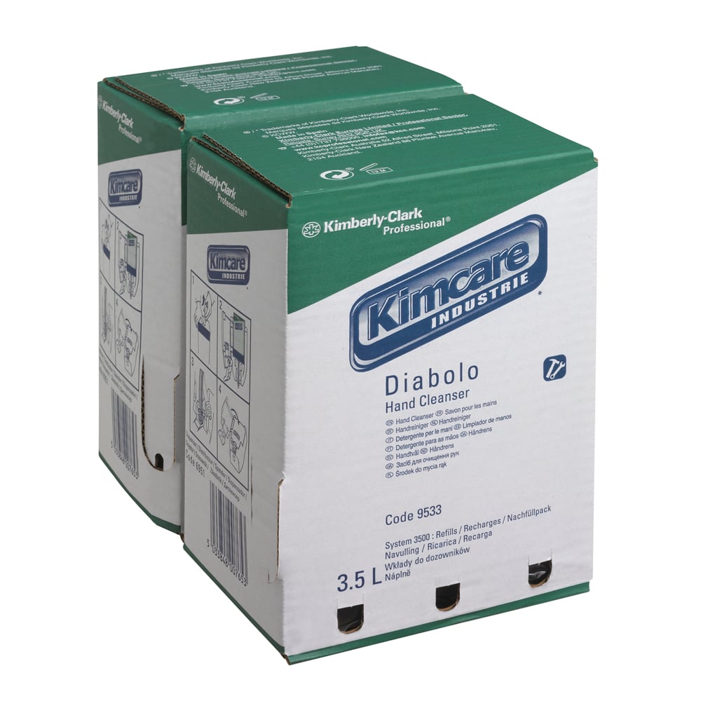 Zwei Kartuschen KIMCARE INDUSTRIE* DIABOLO Waschlotion, je 3,5 l, von Kimberly-Clark GmbH, in orangefarbenen Beuteln - perfekt für die sanfte Handreinigung in industriellen Umgebungen. Schachtel enthält 2 Beutel mit Produktangaben.