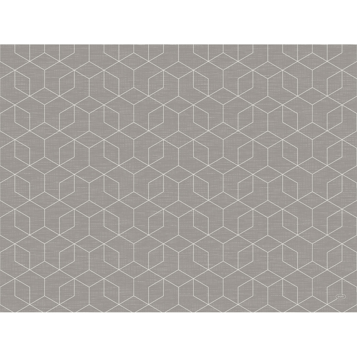 Die Bio-Dunicel-Tischsets 30 x 40 cm von Duni GmbH haben einen grauen Hintergrund mit einem sich wiederholenden weißen geometrischen Würfelmuster, das eine optische 3D-Täuschung erzeugt. Diese Tischsets sind biologisch abbaubar und bedecken die Oberfläche mit einem gleichmäßigen Design.