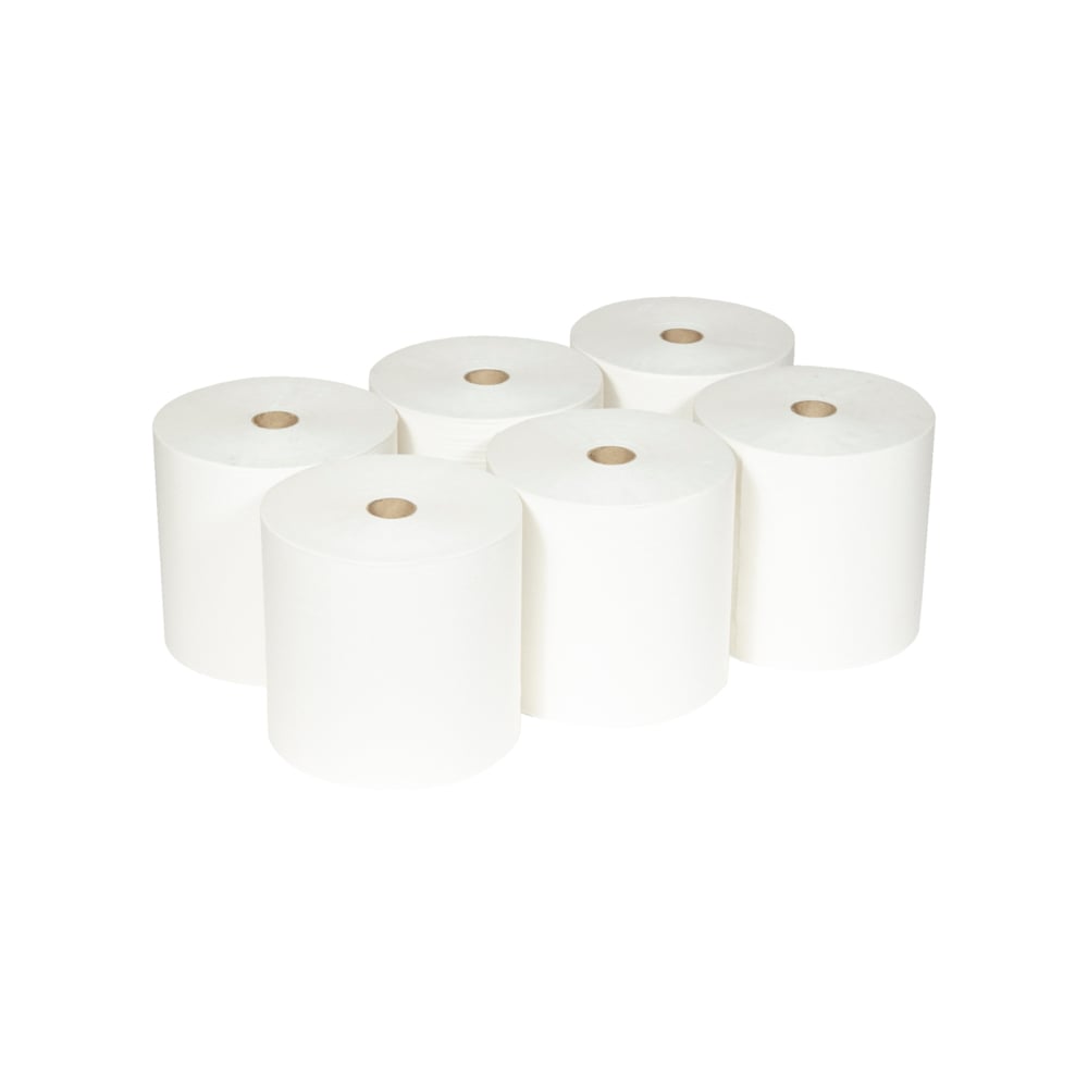 Six Scott® ESSENTIAL™ ρολά χαρτοπετσέτας από την Kimberly-Clark GmbH (λευκό, 6 ρολά/χαρτοκιβώτιο) είναι τοποθετημένα σε δύο σειρές των τριών σε λευκό φόντο. Κάθε ρολό δείχνει έναν ορατό χαρτονένιο πυρήνα.