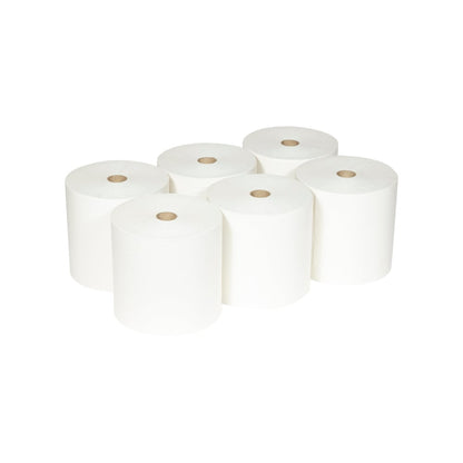 Six Scott® ESSENTIAL™ ρολά χαρτοπετσέτας από την Kimberly-Clark GmbH (λευκό, 6 ρολά/χαρτοκιβώτιο) είναι τοποθετημένα σε δύο σειρές των τριών σε λευκό φόντο. Κάθε ρολό δείχνει έναν ορατό χαρτονένιο πυρήνα.