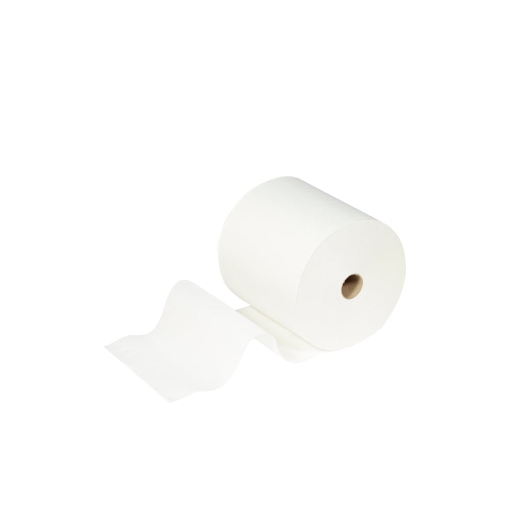 Ένα ρολό Scott® ESSENTIAL™ χαρτοπετσέτας της Kimberly-Clark GmbH, μέρος ενός λευκού σετ 6 ρολών, εμφανίζεται μπροστά σε μονόχρωμο φόντο, με ένα φύλλο να είναι μερικώς ξετυλιγμένο και να προεξέχει.