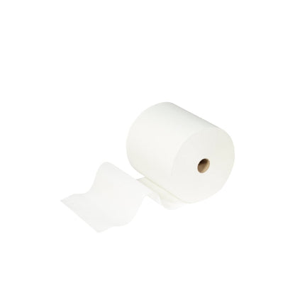 Ένα ρολό Scott® ESSENTIAL™ χαρτοπετσέτας της Kimberly-Clark GmbH, μέρος ενός λευκού σετ 6 ρολών, εμφανίζεται μπροστά σε μονόχρωμο φόντο, με ένα φύλλο να είναι μερικώς ξετυλιγμένο και να προεξέχει.