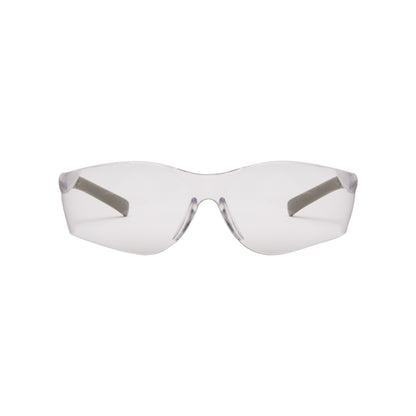 KleenGuard® V20 Purity™ Schutzbrille von Kimberly-Clark GmbH mit beschlagfreier Beschichtung, transparenten Gläsern und grauen Bügeln. 1 Karton à 12 Stück. Ideal für zuverlässigen Augenschutz. Fotografiert vor weißem Hintergrund, Frontalansicht.