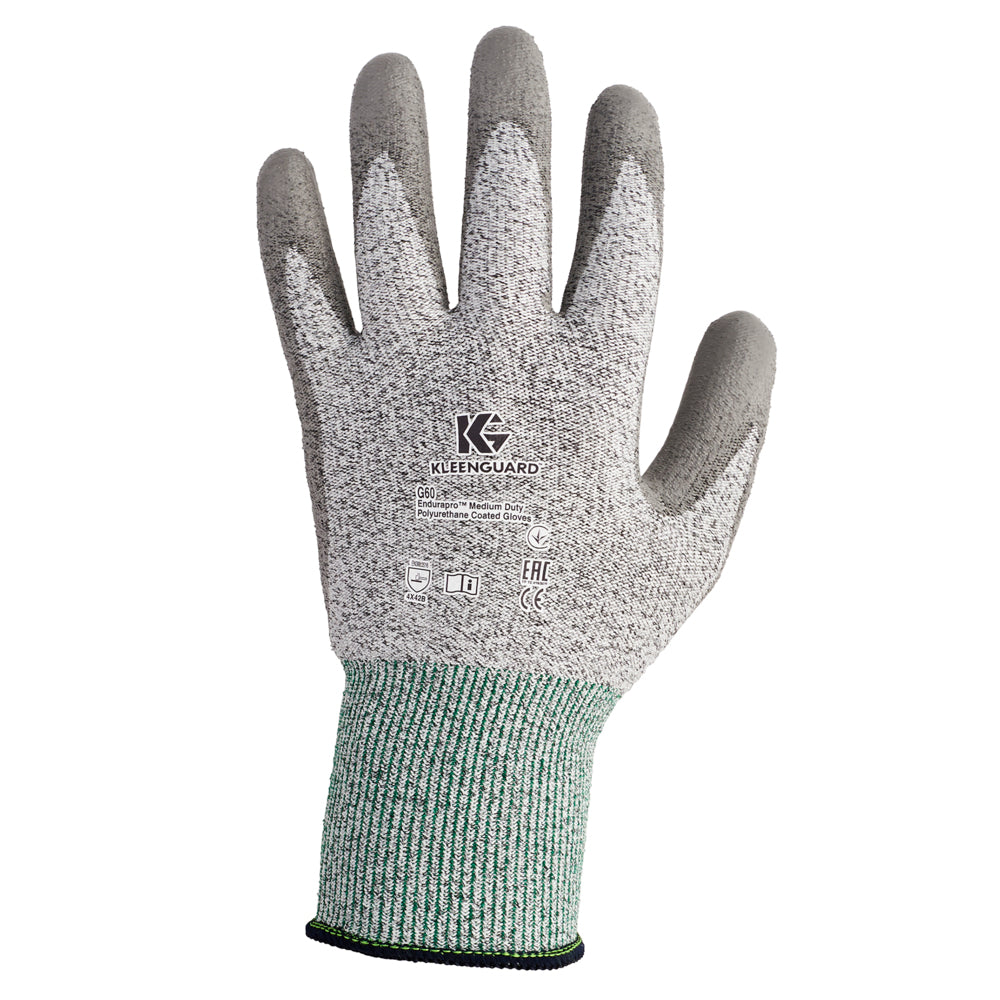 Der KleenGuard® G60 Endurapro™ Schnittfeste Handschuhe Level 3 von Kimberly-Clark GmbH ist ein handspezifisch grauer Handschuh mit grüner Stulpe und weißem Logo, der zuverlässigen Schnittschutz (Level 3) mit strapazierfähigem, schnittfestem Material bietet.