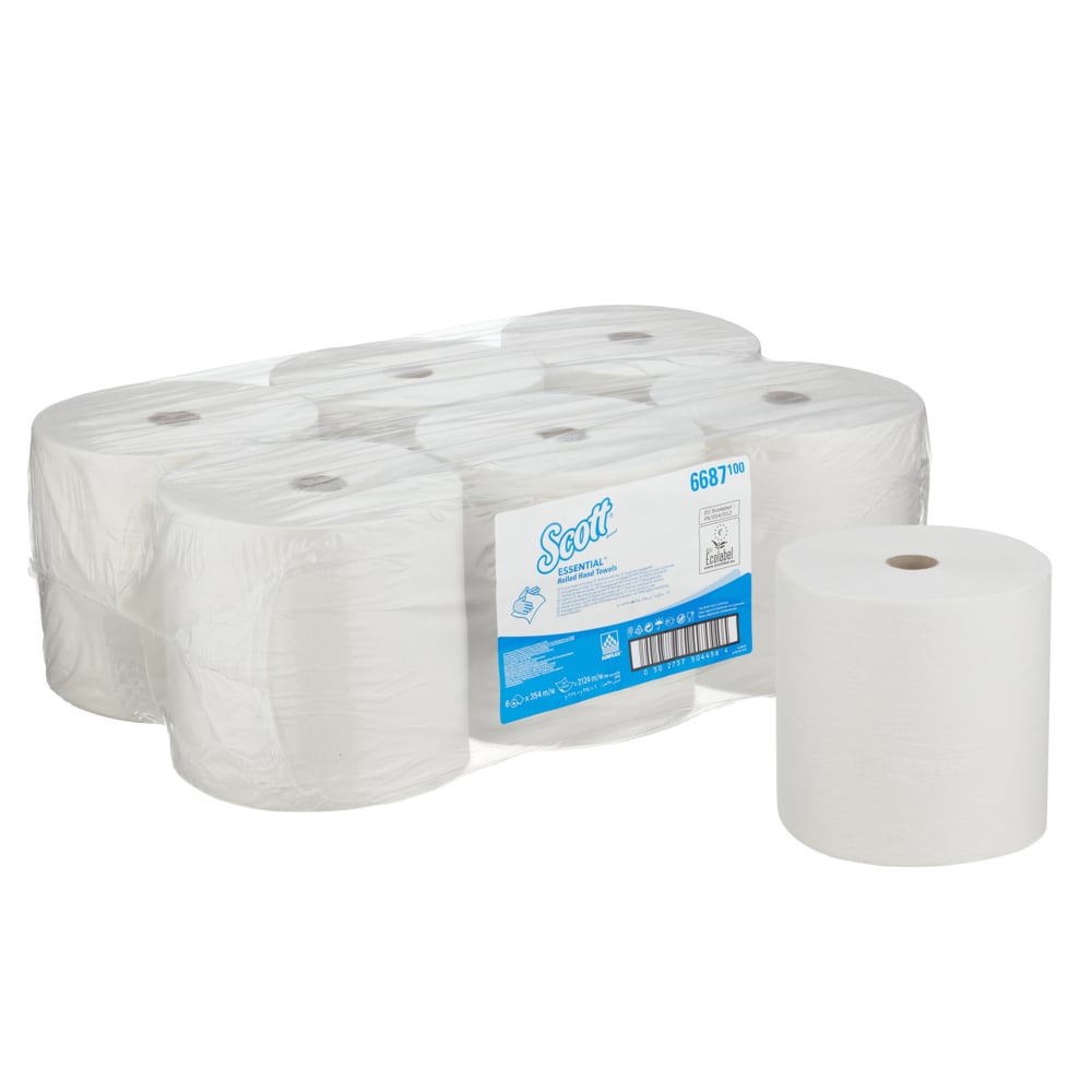 Six Scott® ESSENTIAL™ Χαρτοπετσέτες - Λευκό χαρτί ρολά (6 x 1 φύλλο) από την Kimberly-Clark GmbH είναι συσκευασμένα σε μεμβράνη. Η ετικέτα δείχνει τη μάρκα και τις λεπτομέρειες σε μπλε-λευκό και τονίζει τις υγιεινές χαρτοπετσέτες.