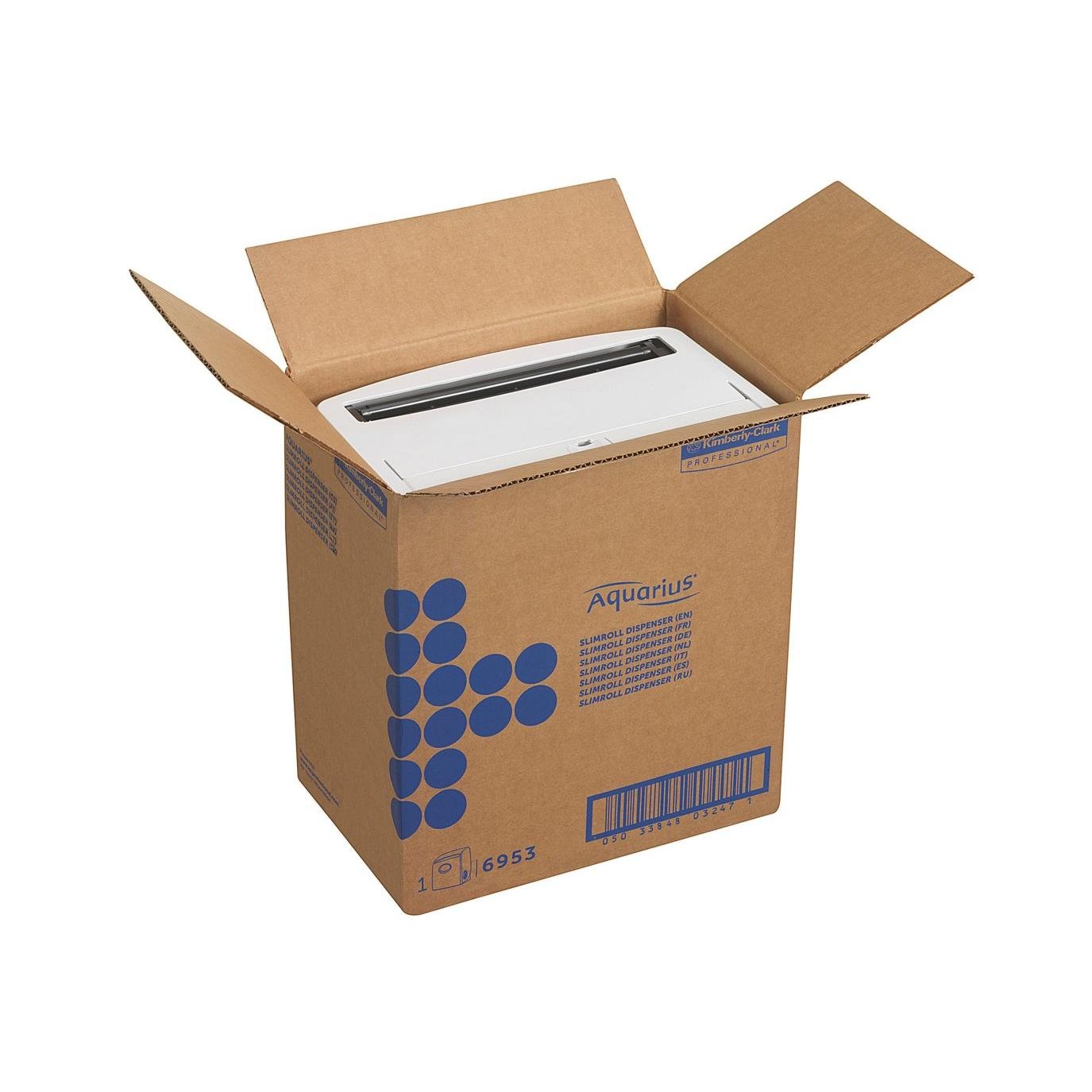 Ένα χαρτοκιβώτιο με την επιγραφή "Aquarius™ Slimroll™ Rollenhandtuchspender - Λευκό" από την Kimberly-Clark GmbH περιέχει έναν λευκό διανομέα, ο οποίος είναι μερικώς ορατός όταν το καπάκι είναι ανοιχτό και είναι ασφαλώς συσκευασμένος.