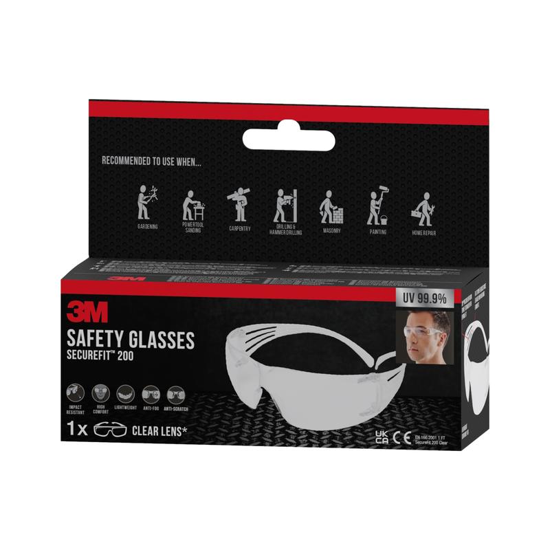 Ένα κουτί προστατευτικών γυαλιών 3M™ SecureFit™ 200 της 3M Deutschland GmbH με καθαρούς φακούς, προστασία UV 99,9% και συσκευασία που δείχνει μια εικόνα των γυαλιών καθώς και σύμβολα για τη συνιστώμενη χρήση.