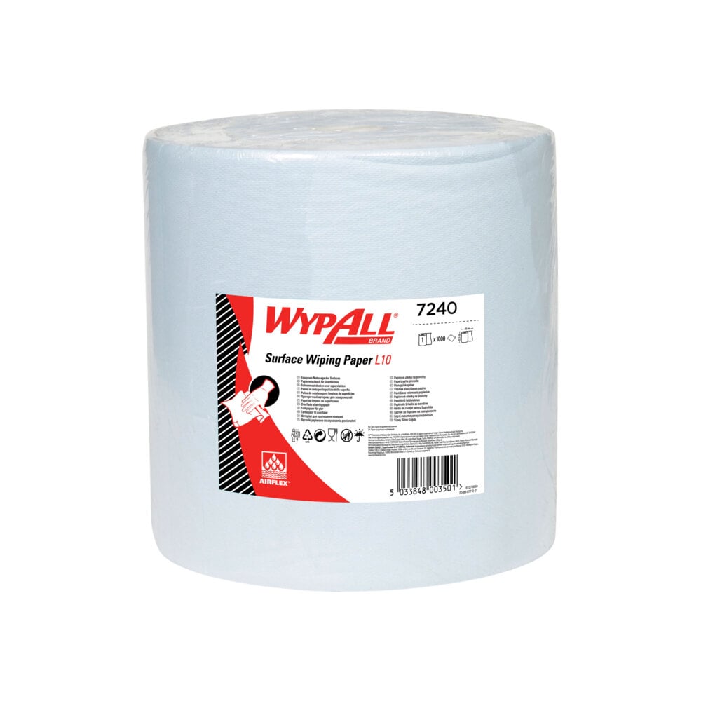 Η πετσέτα χαρτιού WypAll® L10 για επιφάνειες Μεγάλο ρολό από την Kimberly-Clark GmbH (38,00 cm x 32,50 cm) είναι εξαιρετικά φαρδιά και συσκευασμένη σε διάφανη μεμβράνη. Η λευκή και κόκκινη ετικέτα δείχνει πληροφορίες προϊόντος και σύμβολα για τον καθαρισμό επιφανειών.