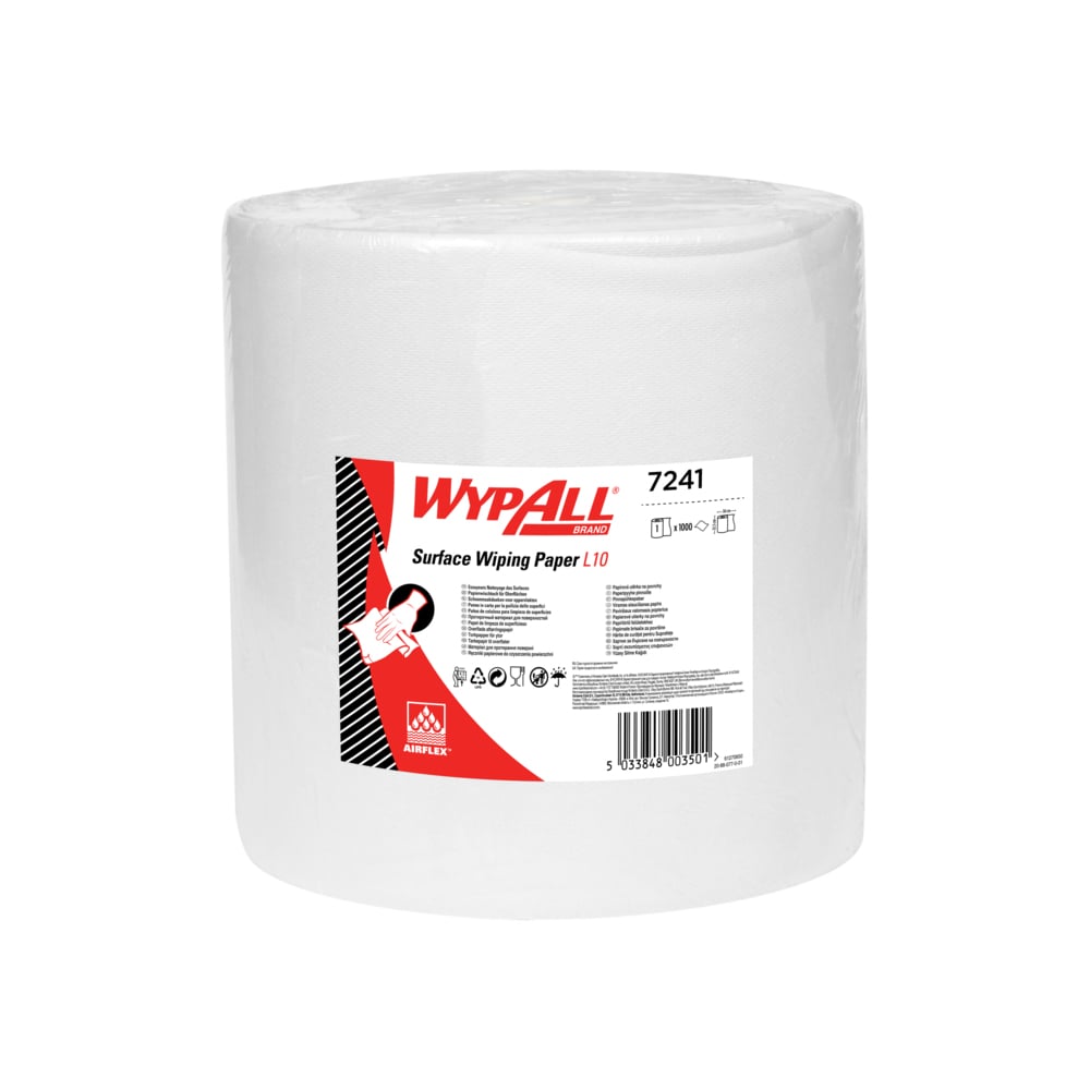 Η πετσέτα χαρτιού WypAll® L10 για επιφάνειες - Μεγάλο ρολό (Kimberly-Clark GmbH) είναι ένα εξαιρετικά φαρδύ λευκό ρολό (38,00 cm x 32,50 cm), τέλειο για μεγάλες εργασίες καθαρισμού, με κόκκινη και λευκή ετικέτα με πληροφορίες προϊόντος και οδηγίες.