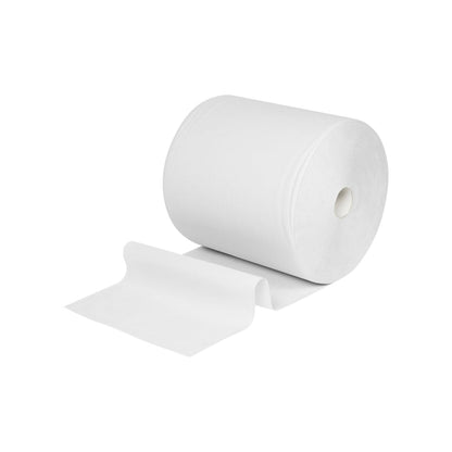 Μια μεγάλη πετσέτα χαρτιού WypAll® L10 για επιφάνειες Μεγάλο ρολό (εξαιρετικά φαρδύ, 38,00 cm x 32,50 cm) από την Kimberly-Clark GmbH είναι ξετυλιγμένο και επίπεδο, ιδανικό για τον καθαρισμό επιφανειών, απεικονίζεται σε απλό λευκό φόντο.