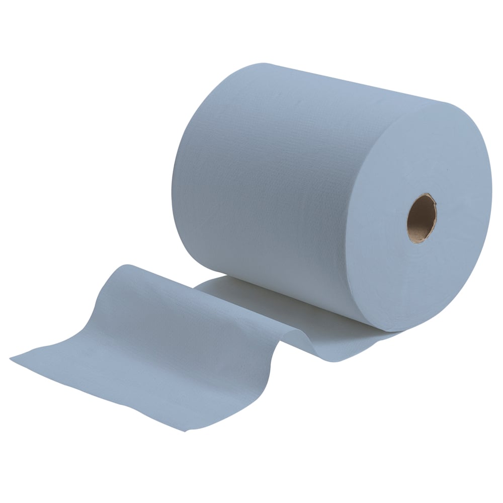 Eine Scott® Handtücher Papierhandtuchrolle (304,00 m x 19,80 cm) von Kimberly-Clark GmbH in Hellblau liegt teilweise entrollt vor weißem Hintergrund.