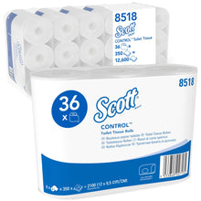 Eine Packung Scott® Control™ Toilettenpapier von Kimberly-Clark GmbH enthält 6 Packungen mit je 6 weißen Rollen zu 350 Blatt; die Verpackung hebt die Hygiene hervor und zeigt Produktdetails.