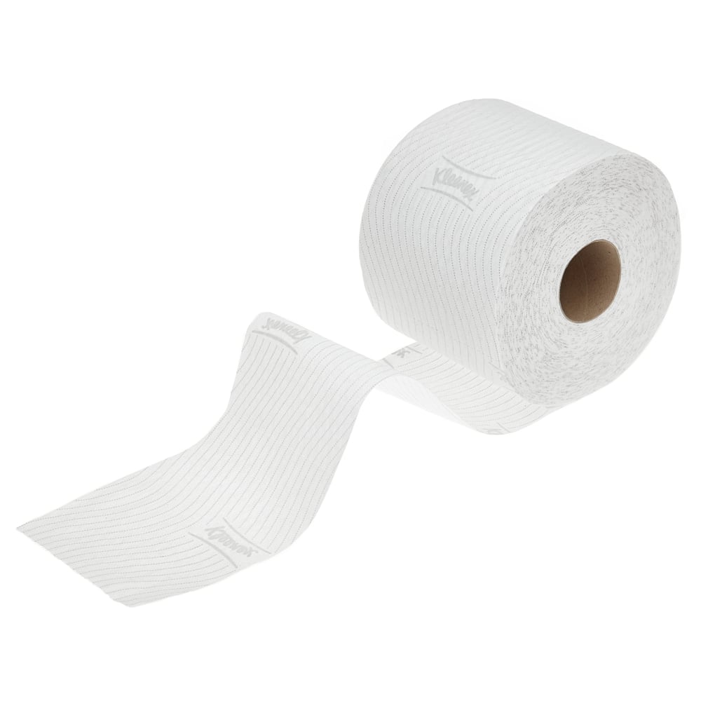 Ένα μεμονωμένο ρολό Kleenex® χαρτί υγείας Standard Λευκό (Kimberly-Clark GmbH), δομημένο και μερικώς ξετυλιγμένο με ορατό εσωτερικό σωλήνα, εμφανίζεται ως μέρος ενός κουτιού 6 συσκευασιών x 6 μικρά ρολά x 350 φύλλα (6 πακέτα).