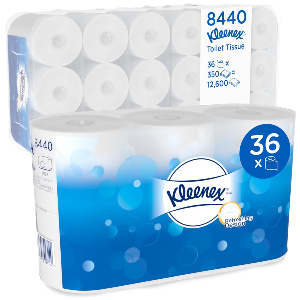 Ένα κουτί της Kimberly-Clark GmbH με έξι συσκευασίες Kleenex® χαρτί υγείας με 6 λευκά ρολά το καθένα (350 φύλλα ανά ρολό), συνολικά 36 ρολά και 12.600 φύλλα. η συσκευασία είναι σχεδιασμένη σε λευκό-μπλε.
