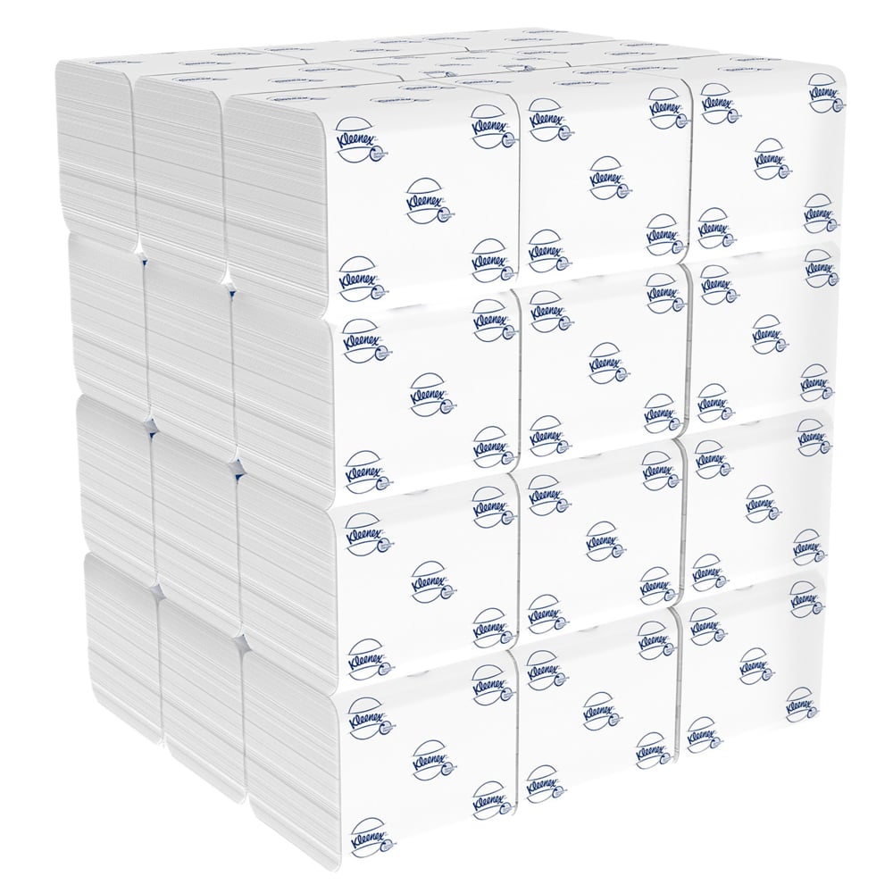 Ένας μεγάλος σωρός χαρτί υγείας Kleenex® σύστημα μονών φύλλων (36 x 200 φύλλα), το καθένα σε λευκή συσκευασία με μπλε λογότυπο Kimberly-Clark, τακτοποιημένα σε κύβο.