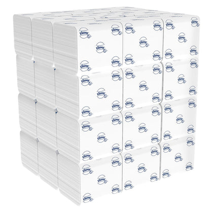 Ένας μεγάλος σωρός χαρτί υγείας Kleenex® σύστημα μονών φύλλων (36 x 200 φύλλα), το καθένα σε λευκή συσκευασία με μπλε λογότυπο Kimberly-Clark, τακτοποιημένα σε κύβο.