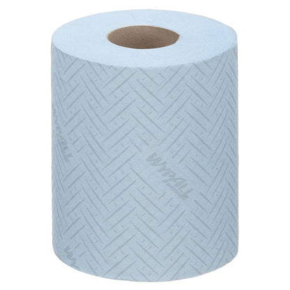 Ένα κουτί WypAll® Reach™ μπλε χαρτί καθαρισμού από την Kimberly-Clark GmbH (6 ρολά x 280 φύλλα), ιδανικό για κεντρική λήψη σε υπηρεσίες & λιανική, εμφανίζεται σε λευκό φόντο.