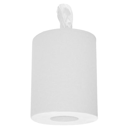 Ένας μεμονωμένος, όρθιος κύλινδρος χαρτοπετσέτας WypAll® L10 της Kimberly-Clark GmbH για κεντρική ανάληψη (Λευκός) με ένα τραβηγμένο φύλλο. Κατάλληλος για καθαρισμό στην εξυπηρέτηση & το λιανικό εμπόριο. Απλός, λευκός φόντος.