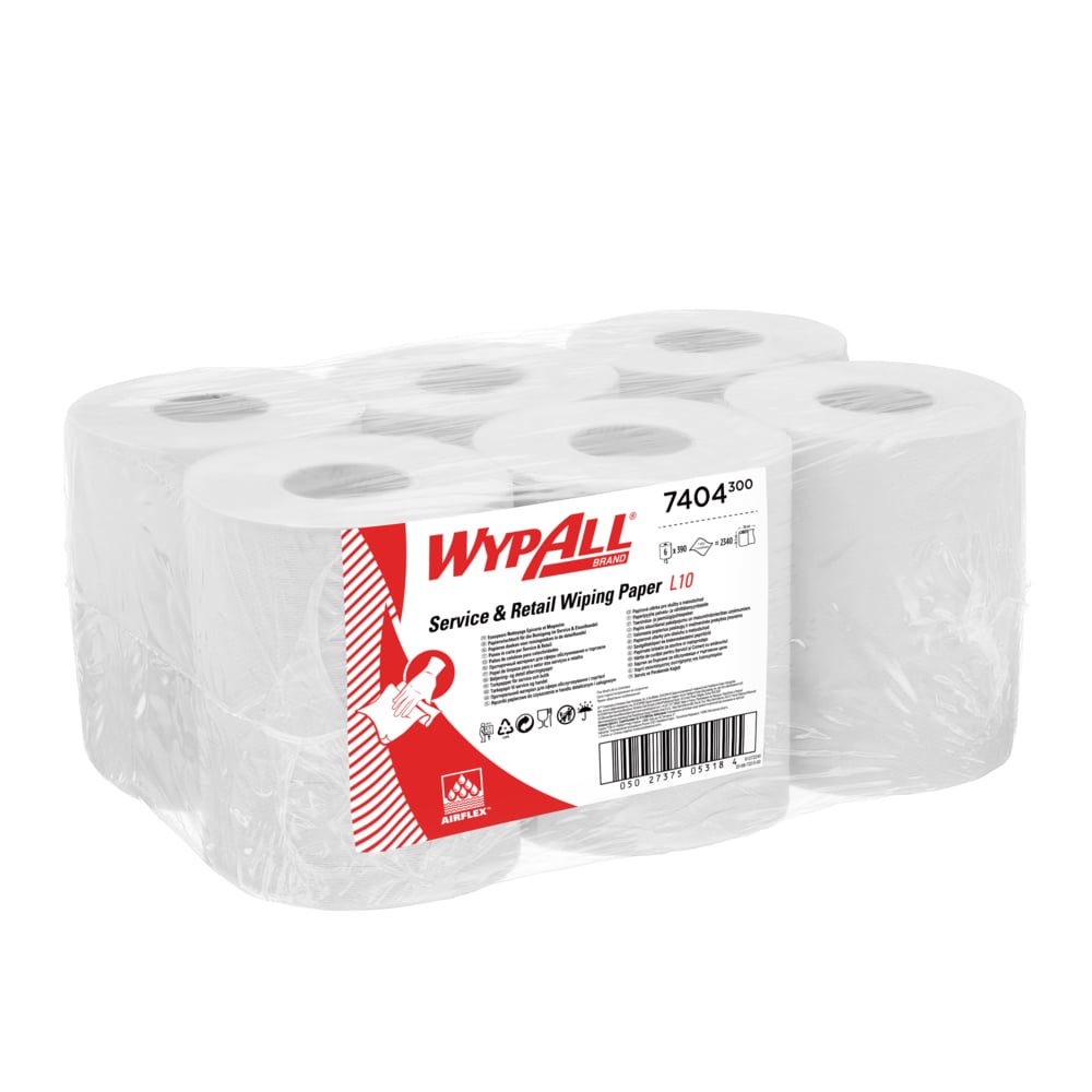 Ένα πακέτο των έξι χαρτοπετσετών WypAll® L10 της Kimberly-Clark GmbH, 6 κύλινδροι με 390 φύλλα για κεντρική ανάληψη, ιδανικοί για καθαρισμό στην εξυπηρέτηση & το λιανικό εμπόριο - λευκό, σε κουτί με λεπτομέρειες προϊόντος.