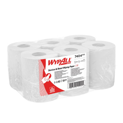 Ένα πακέτο των έξι χαρτοπετσετών WypAll® L10 της Kimberly-Clark GmbH, 6 κύλινδροι με 390 φύλλα για κεντρική ανάληψη, ιδανικοί για καθαρισμό στην εξυπηρέτηση & το λιανικό εμπόριο - λευκό, σε κουτί με λεπτομέρειες προϊόντος.