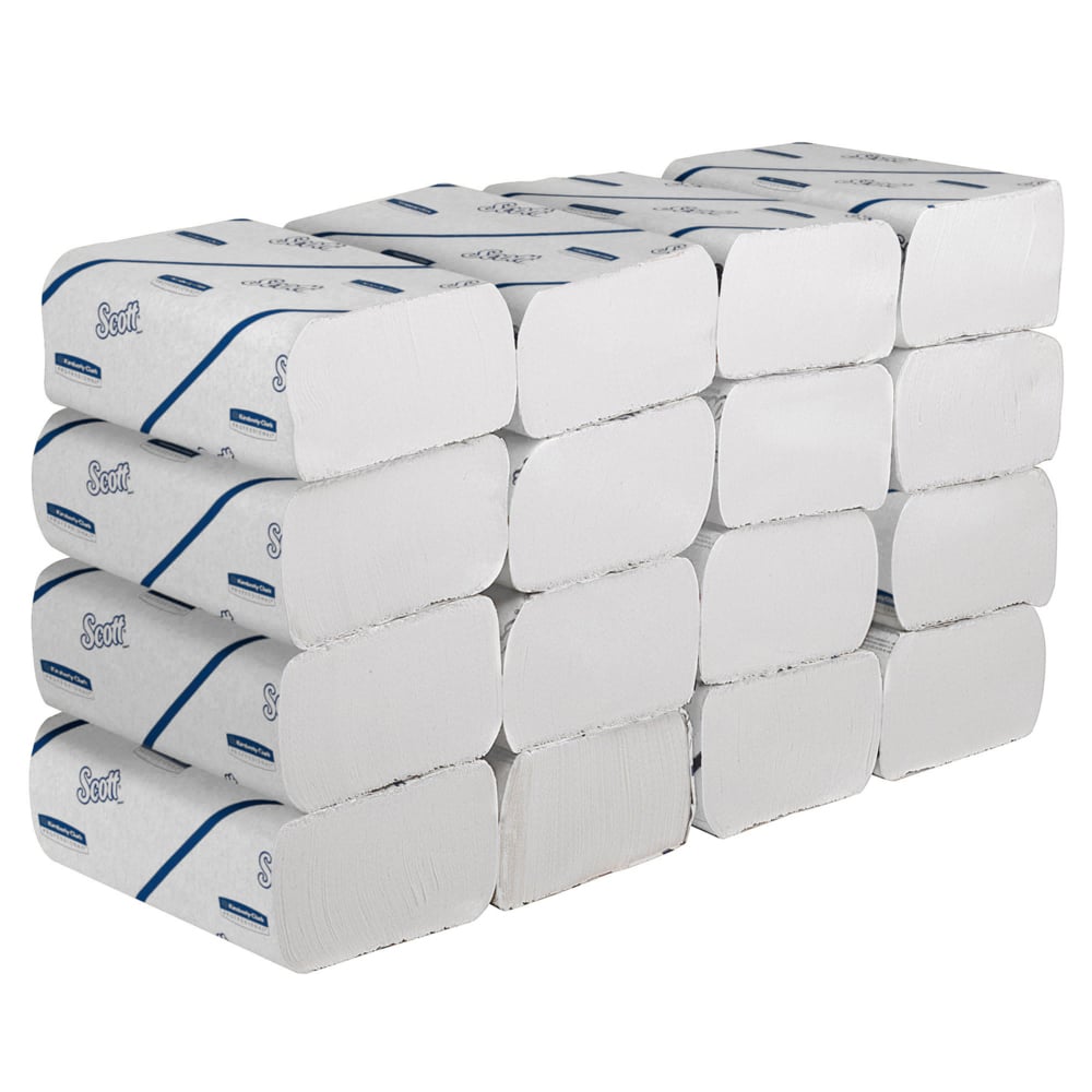 Μια στοίβα από Scott® πετσέτες χεριών - Narrow-Fold / Λευκό από την Kimberly-Clark GmbH, σε λευκή και μπλε μερική συσκευασία, τοποθετημένες σε σειρές 4x4 - ιδανικές για υγιεινό στέγνωμα χεριών με τον πρακτικό σχεδιασμό Narrow-Fold.