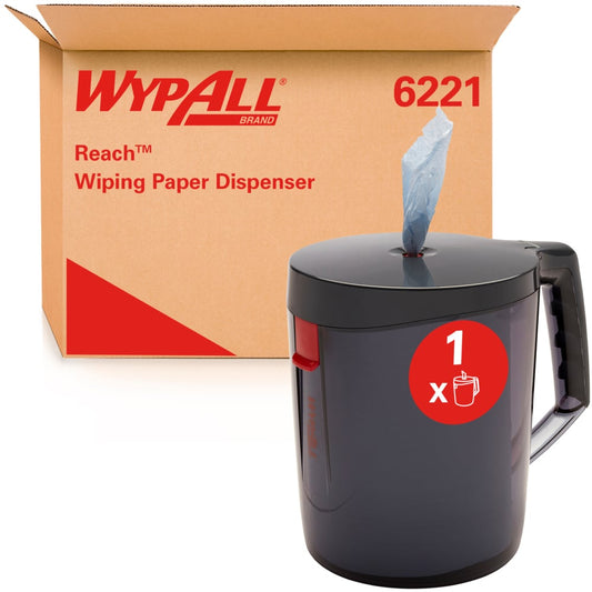 Ein WypAll® Reach™ Centrefeed Dispenser - Schwarz von Kimberly-Clark GmbH mit Griff und einem herausragenden Tuch steht vor einem Karton mit "6221"-Aufdruck, ideal für den professionellen Einsatz.