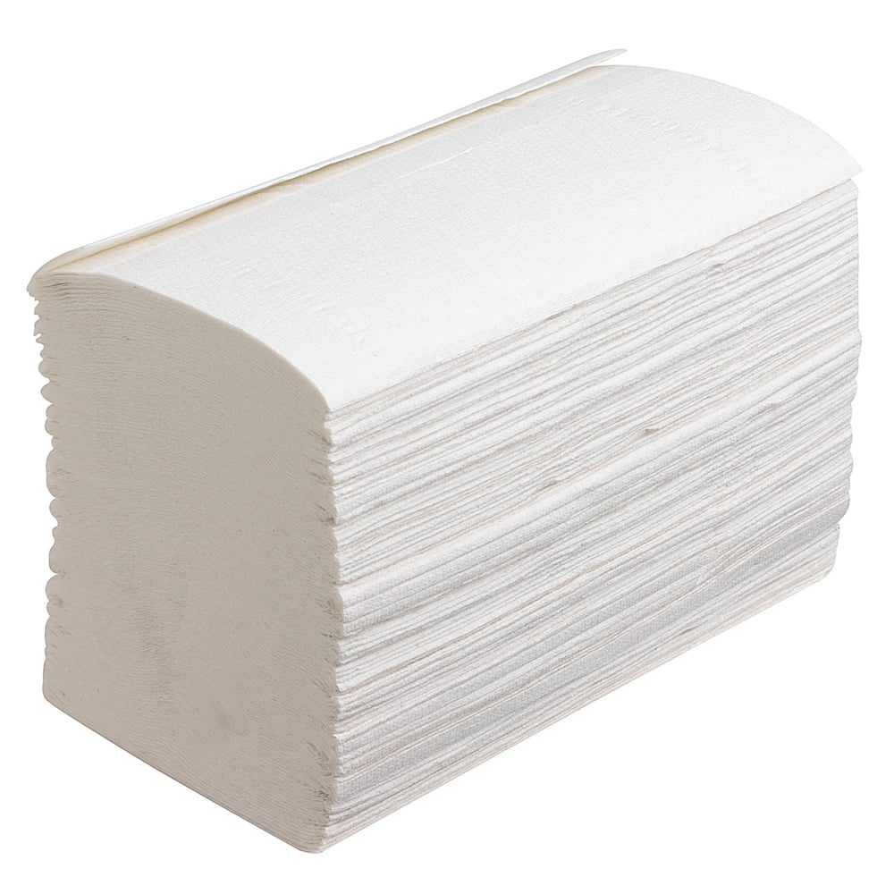 Ένας σωρός Scott® Control™ Interfold Χαρτοπετσέτες, λευκό, μικρό (15 κλιπ x 304 φύλλα), από την Kimberly-Clark GmbH, τοποθετημένες ορθογώνια με εμφανή άκρα για αποτελεσματικό στέγνωμα χεριών. Το κουτί περιέχει 15 πακέτα.