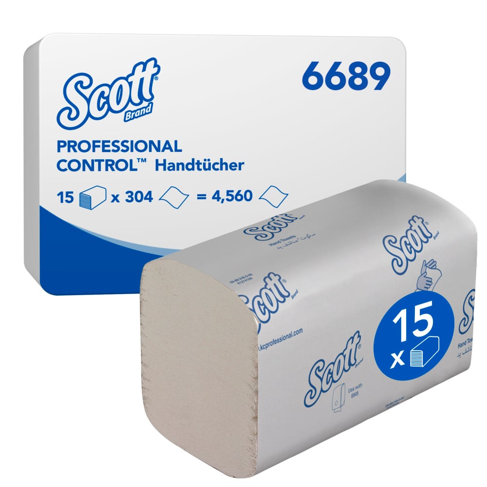 Ένα κουτί Scott® Control™ Interfold Χαρτοπετσέτες από την Kimberly-Clark GmbH, Λευκό, 15 κλιπ x 304 φύλλα (4.560 συνολικά), έρχεται σε λευκή-μπλε συσκευασία με την επιγραφή "6689" για αποτελεσματικό στέγνωμα χεριών.